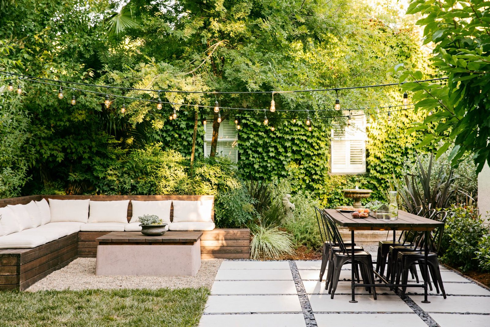 Block paving patio with garden furniture